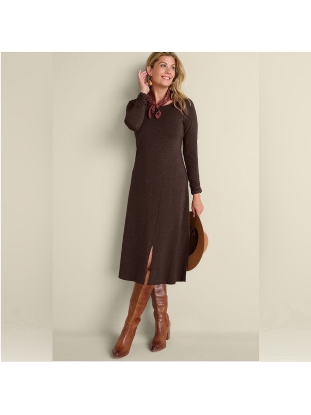 Soft Surroundings Annette Knit Brown Midi/Maxi Dress Sz S Boatneck Long Sleeve